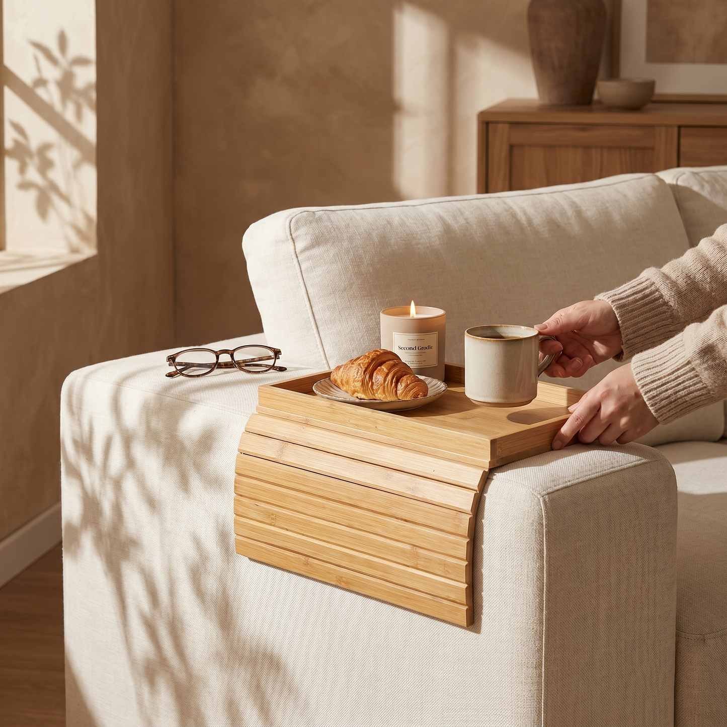 Foldable Wooden Sofa Arm Tray Table with Anti-Slip Grip