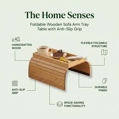 Foldable Wooden Sofa Arm Tray Table with Anti-Slip Grip
