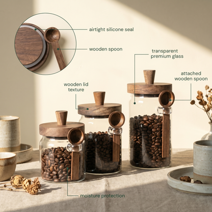 Airtight Glass Storage Jars with Wooden Lid & Spoon