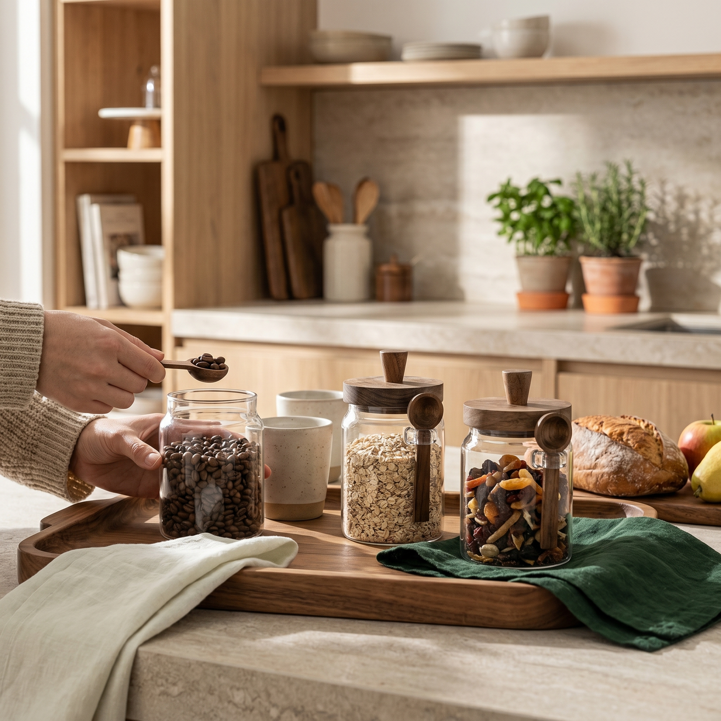 Airtight Glass Storage Jars with Wooden Lid & Spoon