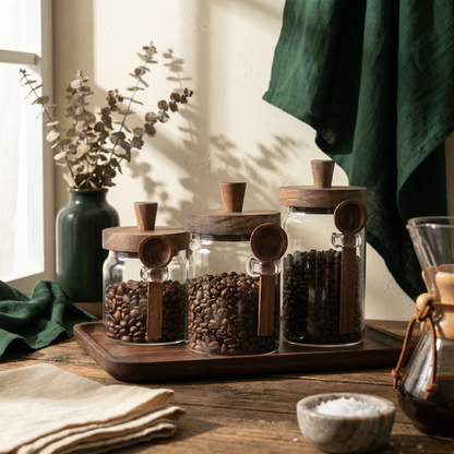Airtight Glass Storage Jars with Wooden Lid & Spoon
