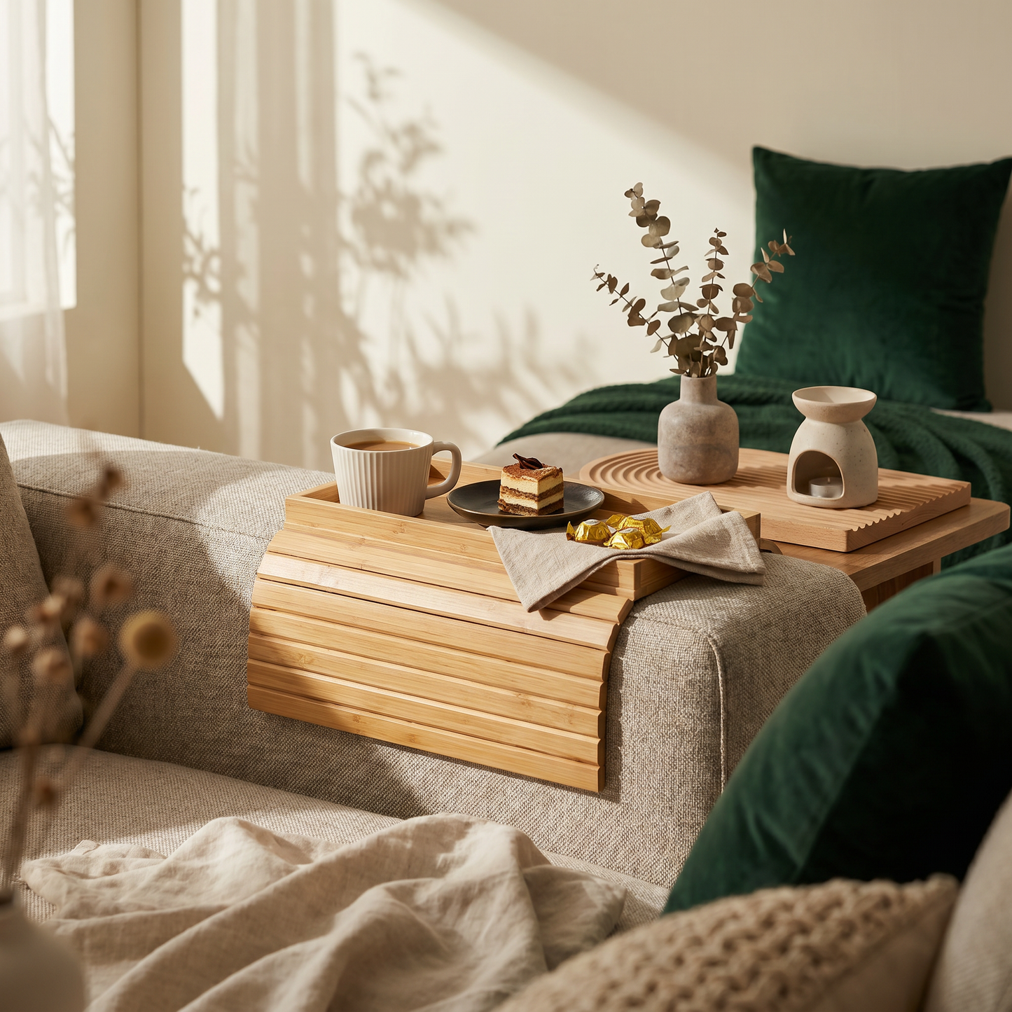 Foldable Wooden Sofa Arm Tray Table with Anti-Slip Grip
