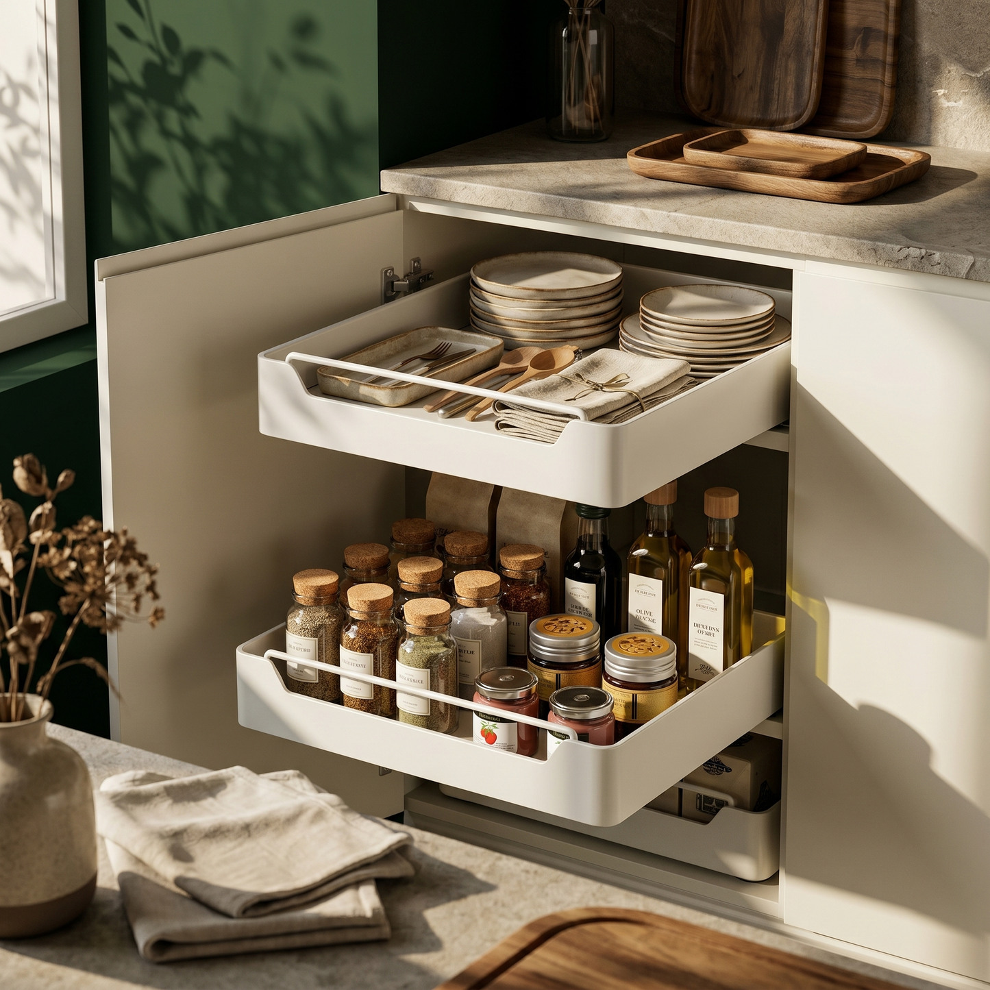 Adjustable Pull Out Cabinet Storage Basket with Soft Close Slides