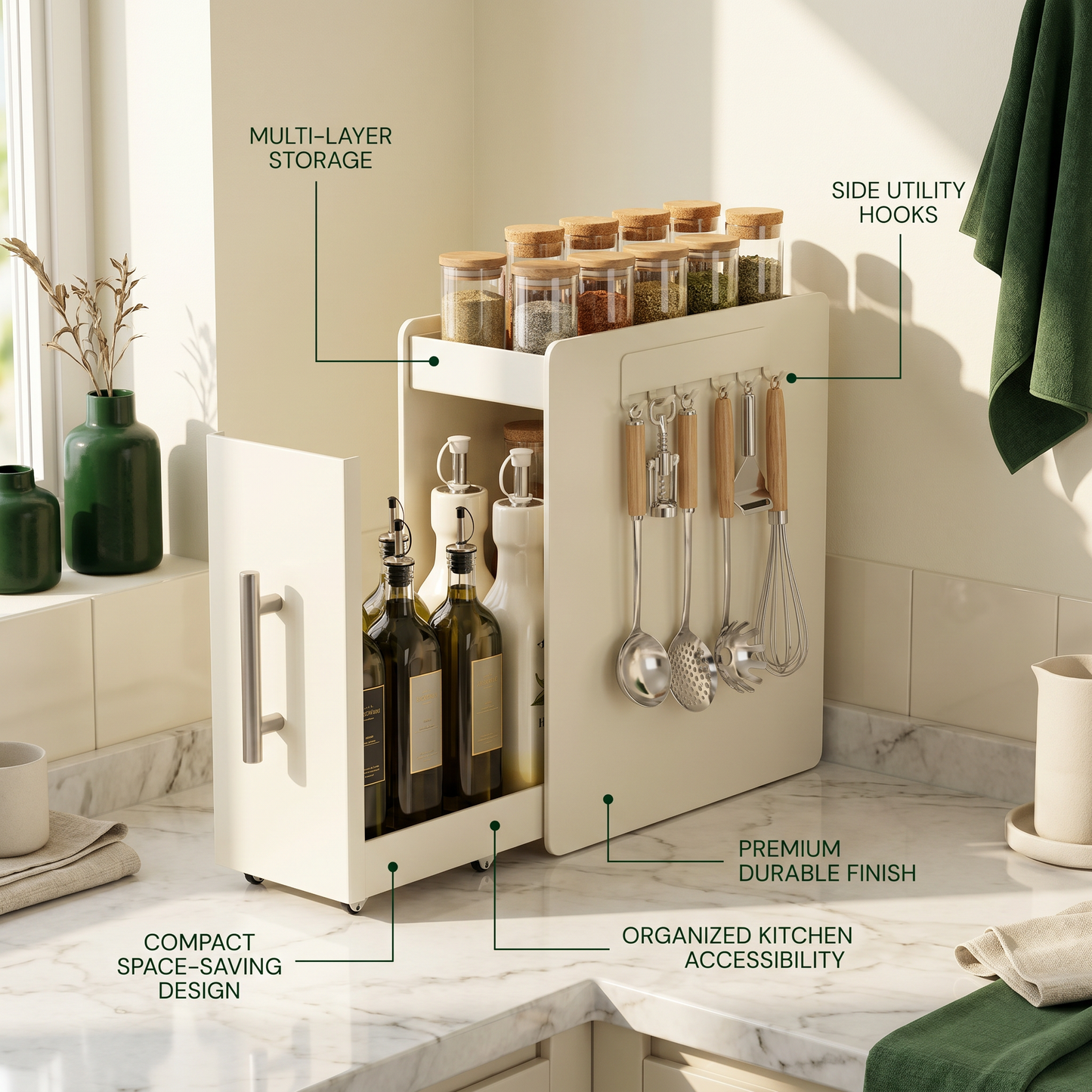 Pull Out Carbon Steel Space Saving Kitchen Storage Organizer with Magnetic Accessories