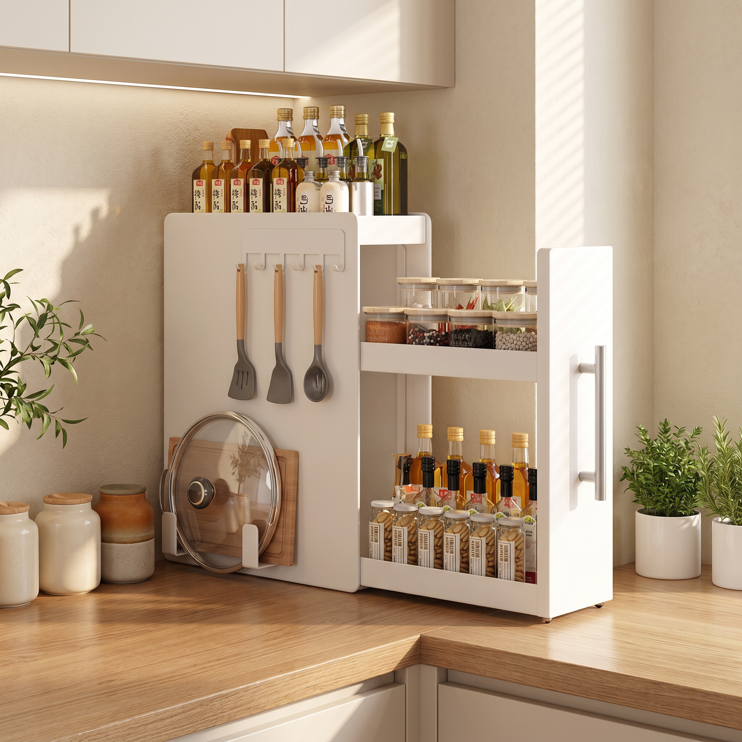 Pull Out Carbon Steel Space Saving Kitchen Storage Organizer with Magnetic Accessories