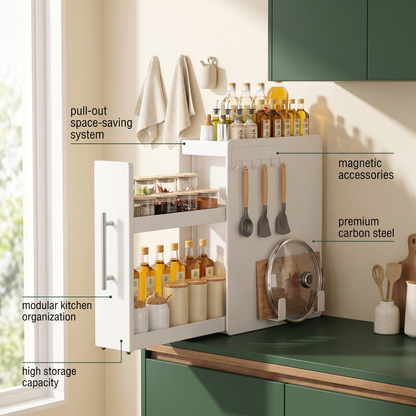 Pull Out Carbon Steel Space Saving Kitchen Storage Organizer with Magnetic Accessories
