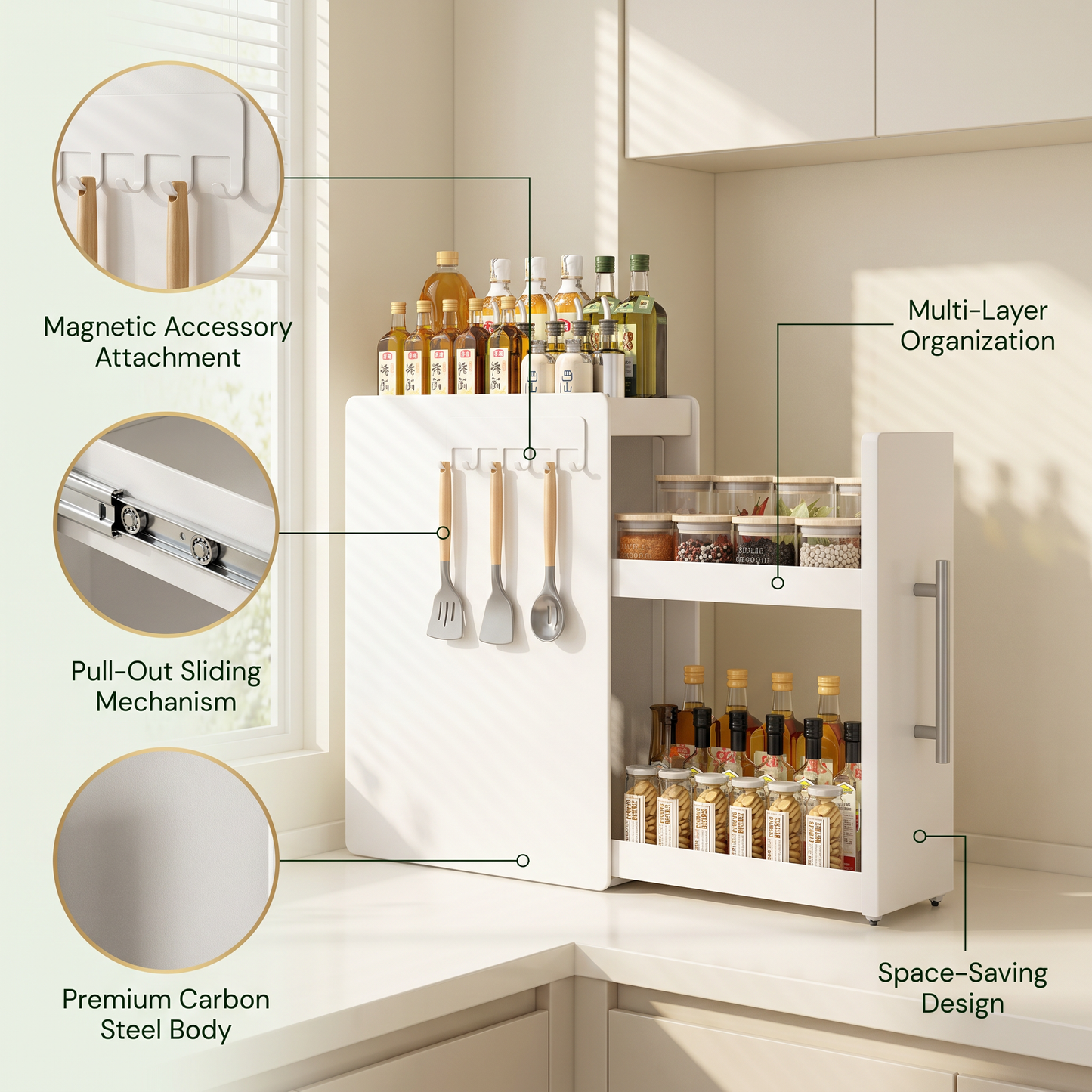Pull Out Carbon Steel Space Saving Kitchen Storage Organizer with Magnetic Accessories