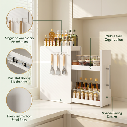 Pull Out Carbon Steel Space Saving Kitchen Storage Organizer with Magnetic Accessories