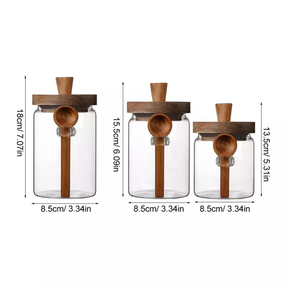 Airtight Glass Storage Jars with Wooden Lid & Spoon